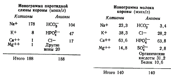 Ионограммы слюны и молока взрослых коров